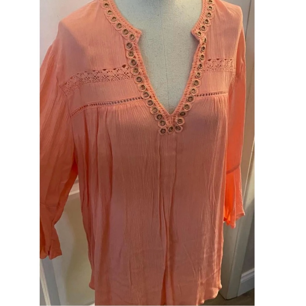 Democracy Coral Blouse with Flutter Sleeves and Embellished Neckline